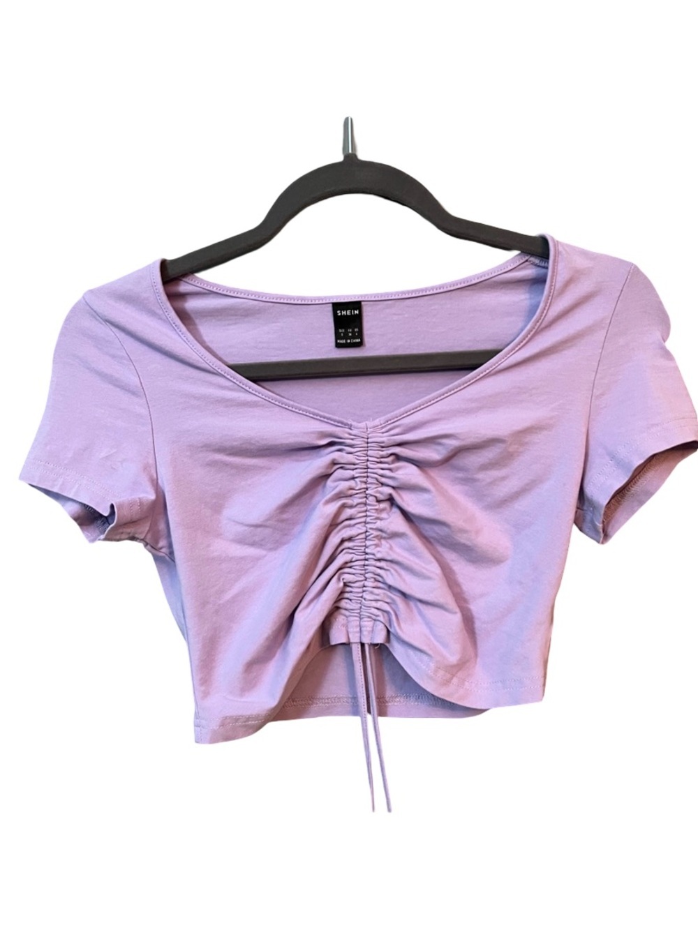SHEIN Lavender Drawstring Ruched Short Sleeve Crop Top